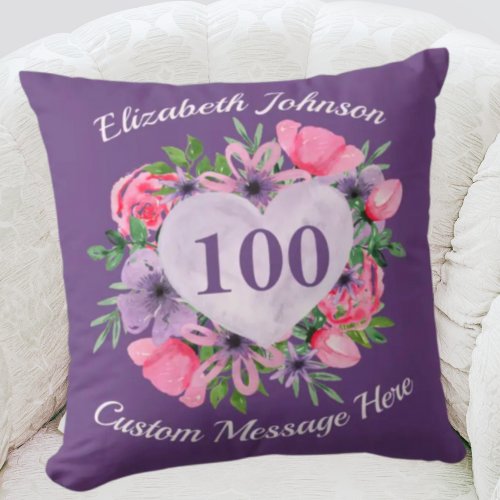 Purple 100th Birthday Pillow for Women