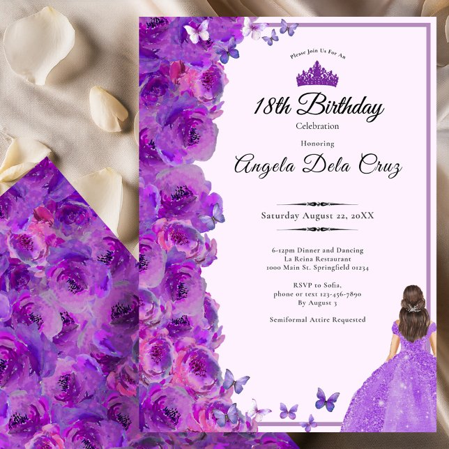 Purple 18th Birthday Roses and Dress Debut Invitation (Creator Uploaded)