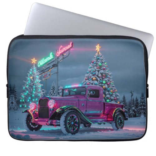 Purple 1920s pickup truck  Christmas Trees Laptop Sleeve