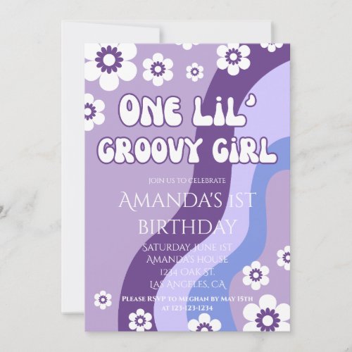 Purple 1st Birthday Girl Retro Theme Invitation