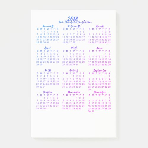 Purple 2018 Calendar Year at a Glance Calligraphy Post_it Notes