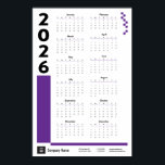 Purple 2026 Corporate Wall Calendar Poster<br><div class="desc">Mark the new year with this poster-sized wall calendar featuring your contact information. Perfect as a gift for your favorite clients or general promotion. Change the color of the lines and boxes to whatever you like and don't forget to add your logo at the bottom! Available in royal blue, purple,...</div>