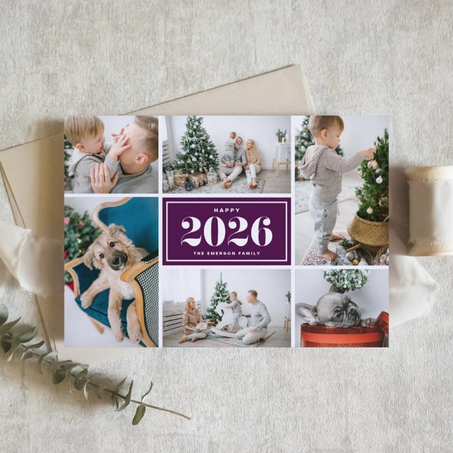 Purple 2026 Happy New Year Photo Collage Holiday Card (Send 2026 new year cheer with this customizable purple photo collage Happy New Year Card. )