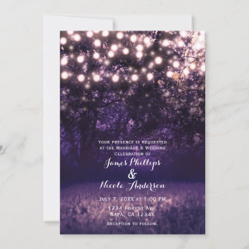 Purple 2 Dusk Forest String Lights Rustic Wedding Invitation