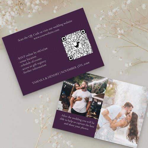 Purple 2 Photo Online RSVP QR Code Wedding Enclosure Card
