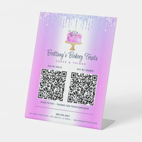 Purple 2 QR Code Pay Here Cake Bakery Glitter Drip Pedestal Sign