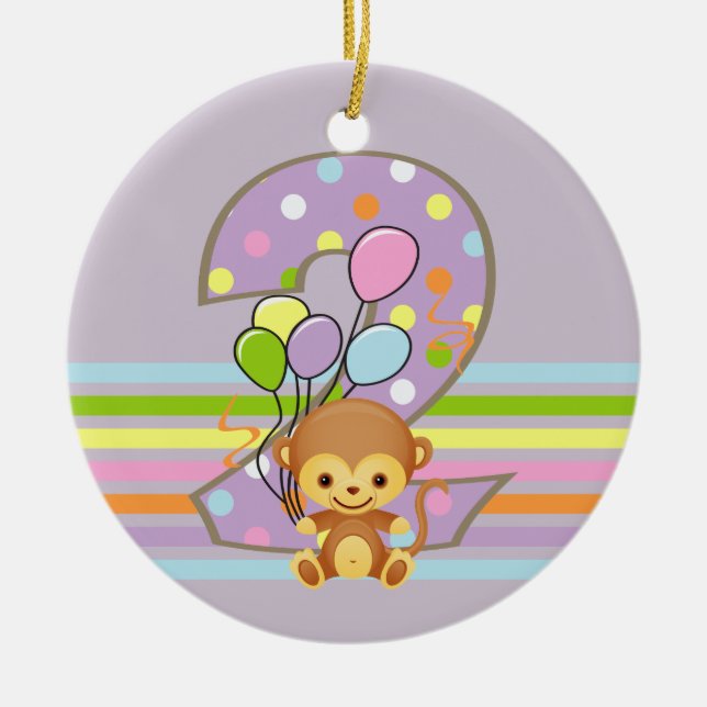 Purple 2nd Birthday Monkey and Balloons Ornament (Front)