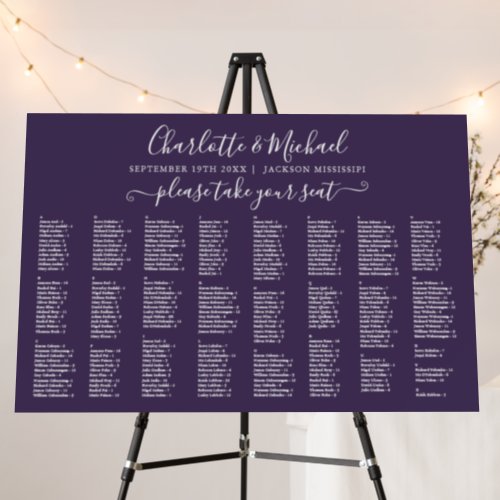 Purple 300 Names Wedding Seating Chart Sign