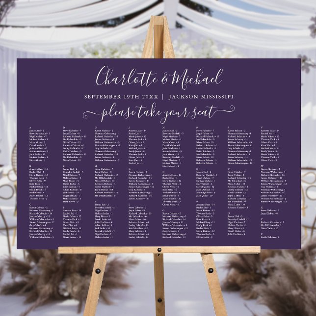 Purple 300 Names Wedding Seating Chart Sign (Purple 300 Names Wedding Seating Chart Sign)