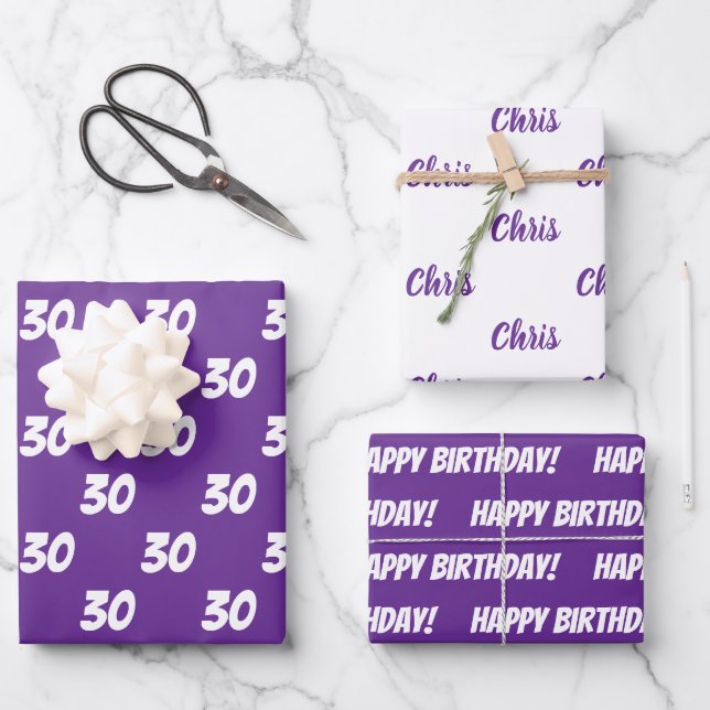 Purple 30th Happy Birthday Custom Name Wrapping Paper Sheets (Front)
