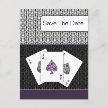 purple 3 aces vegas wedding save the date announcement postcard