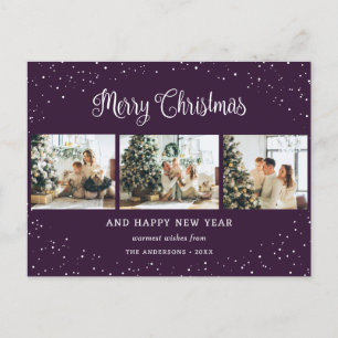 Purple 3 Photo Collage Snow Minimalist Holiday Postcard