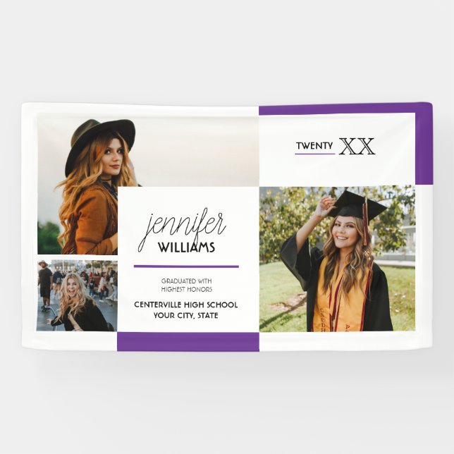 Purple 3 Photo Graduation Banner (Horizontal)