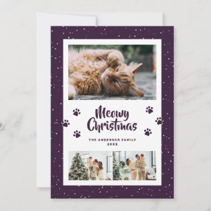 Purple 3 Photo Snow Paws Meowy Christmas Card