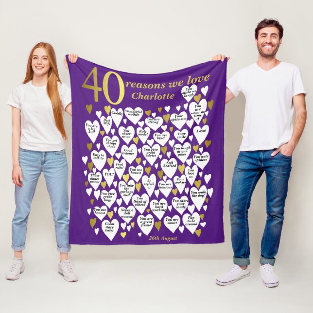 Purple 40th Birthday 40 Reasons We Love You Fleece Blanket (In Situ)
