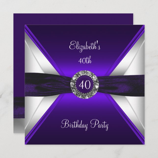 Purple 40th Birthday Diamond White Silver Party Invitation (Front/Back)