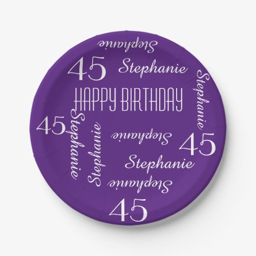 Purple 45th Birthday Party Repeating Names Paper Plates