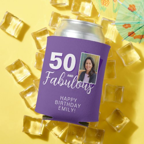 Purple 50 and Fabulous 50th Birthday Photo Can Cooler