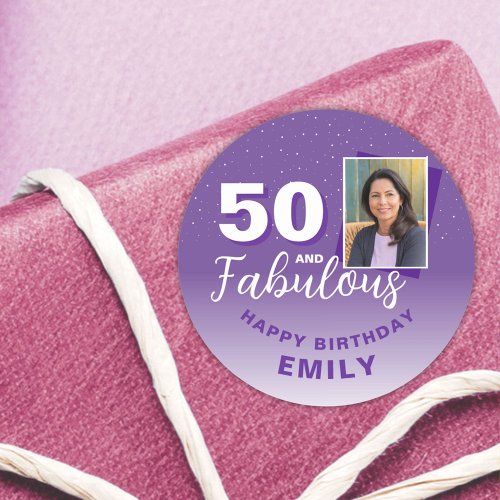 Purple 50 and Fabulous 50th Birthday Photo Classic Round Sticker
