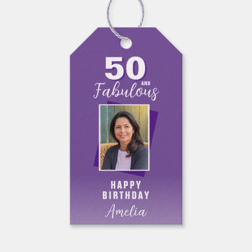 Purple 50 and Fabulous 50th Birthday Photo  Gift Tags