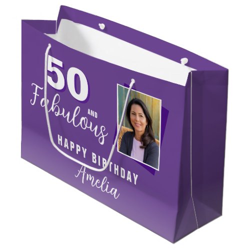 Purple 50 and Fabulous 50th Birthday Photo  Large Gift Bag