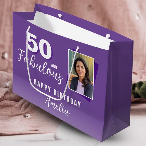 Purple 50 and Fabulous 50th Birthday Photo  Large Gift Bag