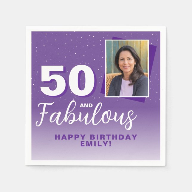 Purple 50 and Fabulous 50th Birthday Photo Napkins (Front)