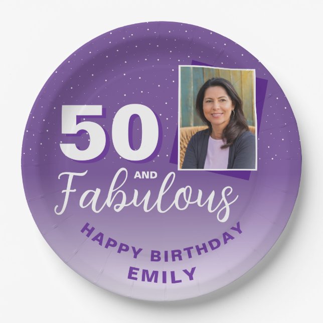 Purple 50 and Fabulous 50th Birthday Photo Paper Plates (Front)