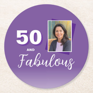 Purple 50 and Fabulous 50th Birthday Photo Round Paper Coaster