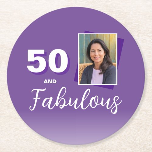 Purple 50 and Fabulous 50th Birthday Photo Round Paper Coaster