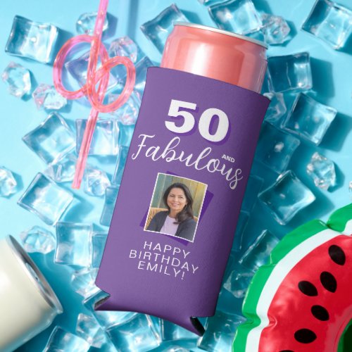 Purple 50 and Fabulous 50th Birthday Photo Seltzer Can Cooler