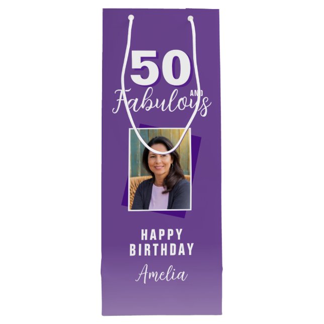 Purple 50 and Fabulous 50th Birthday Photo  Wine Gift Bag (Back)