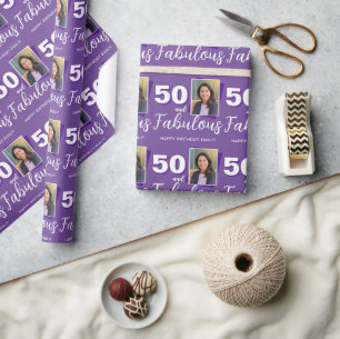 Purple 50 and Fabulous 50th Birthday Photo Wrapping Paper