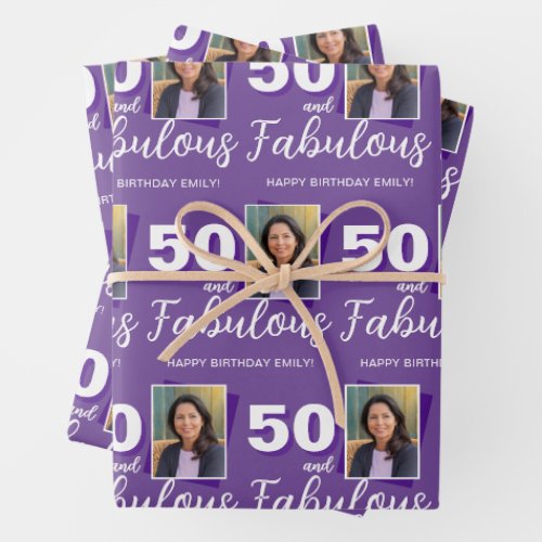 Purple 50 and Fabulous 50th Birthday Photo Wrapping Paper Sheets