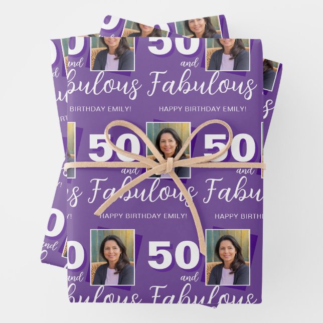 Purple 50 and Fabulous 50th Birthday Photo Wrapping Paper Sheets (In situ)