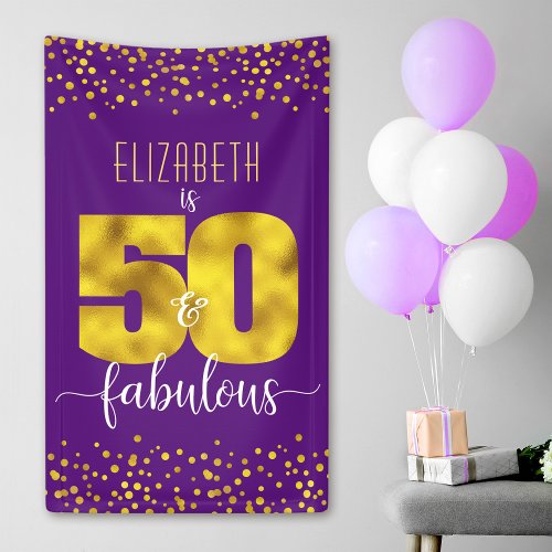 Purple 50 and fabulous birthday gold foil confetti banner