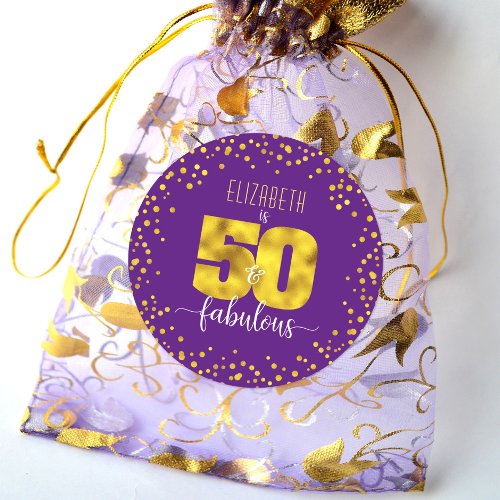 Purple 50 and fabulous birthday gold foil confetti classic round sticker