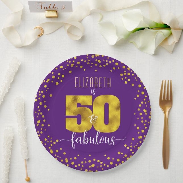 Purple 50 and fabulous birthday gold foil confetti paper plates (Wedding)
