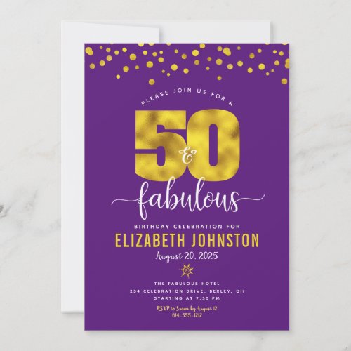 Purple 50 and fabulous birthday gold glam dots invitation