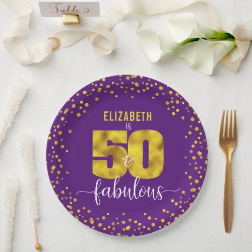 Purple 50 and fabulous birthday gold glam dots paper plates