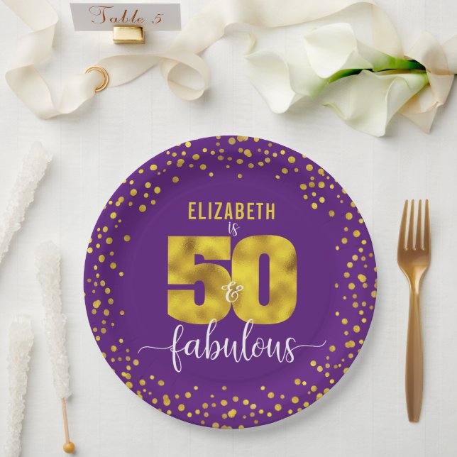 Purple 50 and fabulous birthday gold glam dots paper plates (Wedding)