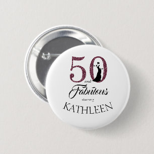 Purple 50 and Fabulous Birthday Party Custom Name Pinback Button