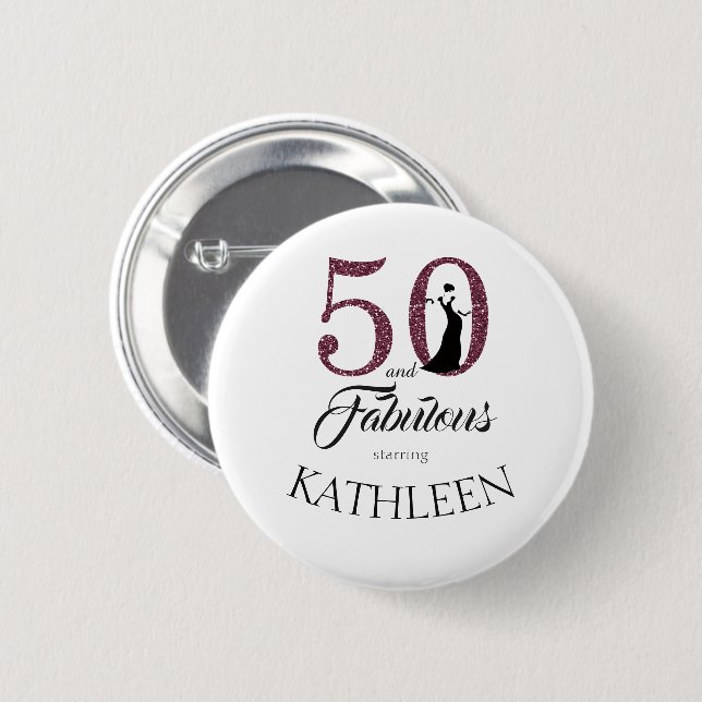 Purple 50 and Fabulous Birthday Party Custom Name Pinback Button (Front & Back)