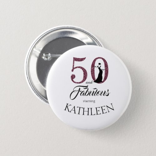 Purple 50 and Fabulous Birthday Party Custom Name Pinback Button