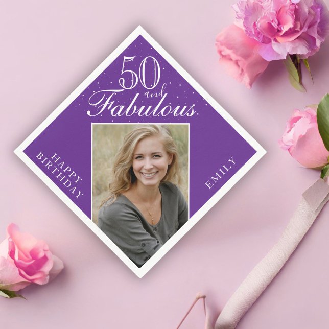 Purple 50 and Fabulous Elegant Photo 50th Birthday Napkins (Creator Uploaded)