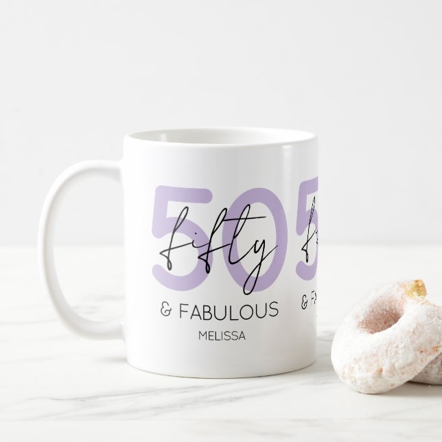 Purple 50 and fabulous Script 50th Birthday Party Coffee Mug (With Donut)