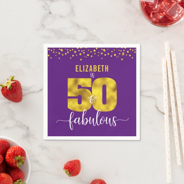 Purple 50 fabulous birthday gold confetti dots napkins (Insitu)