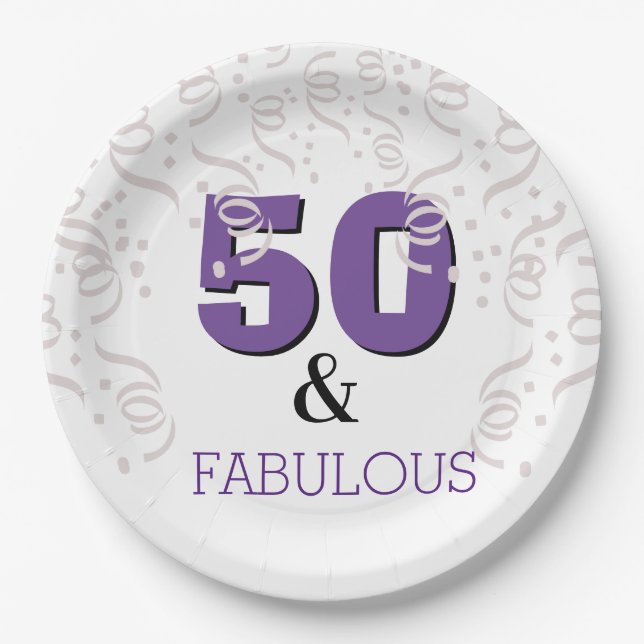 Purple 50 Fabulous | Happy 50th Birthday Party Paper Plates (Front)