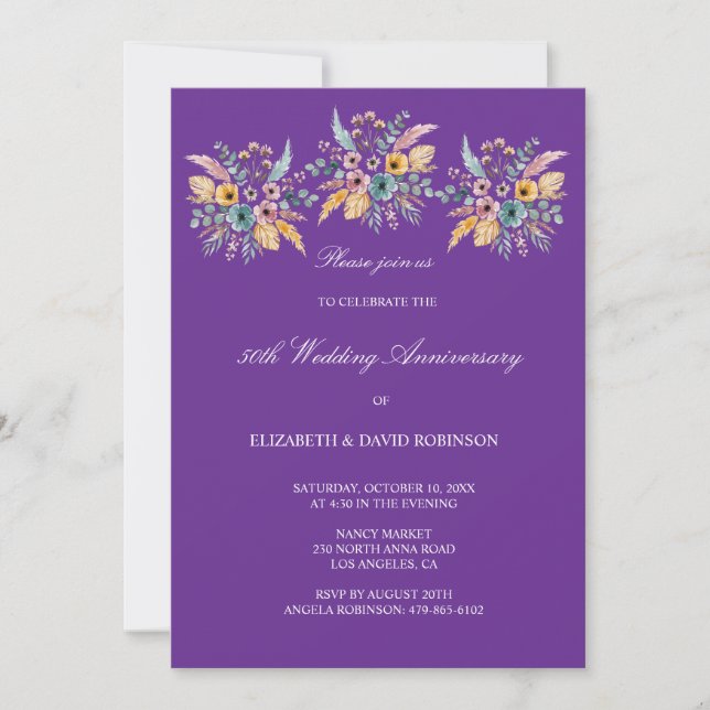 Purple 50th anniversary wedding anniversary  invitation (Front)