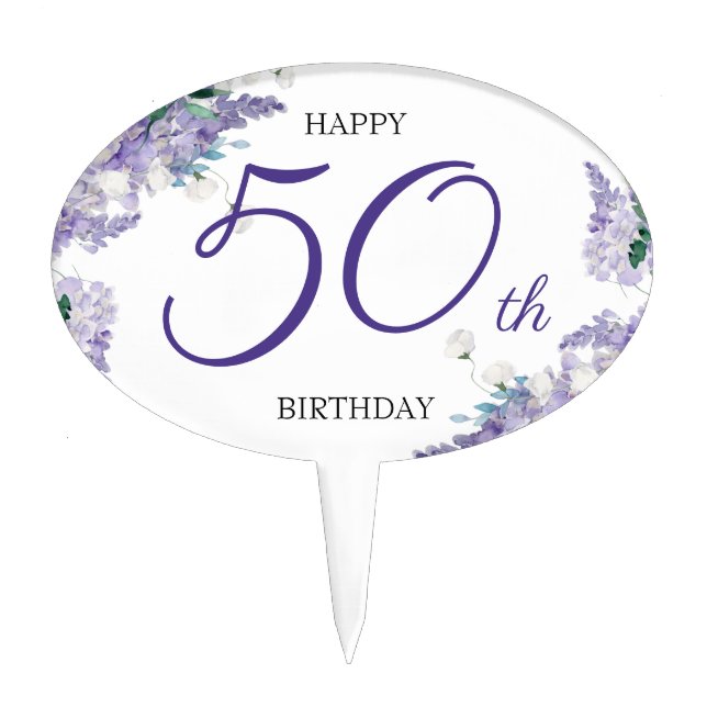 Purple 50th Birthday Classy Wisteria Floral Custom Cake Topper (Front)